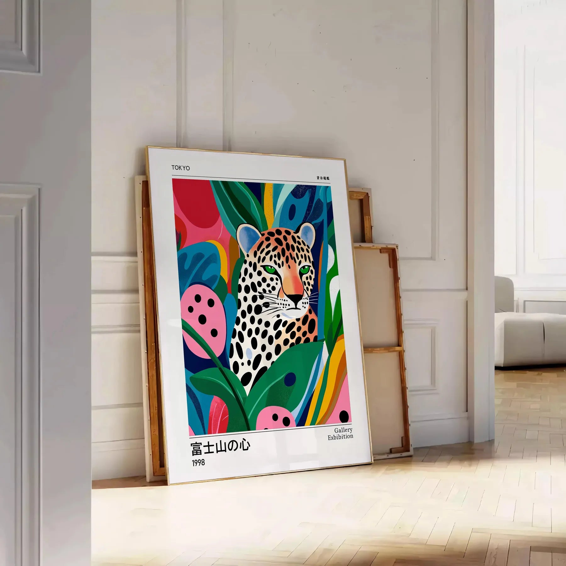 captivating fusion leopard motifs Yayoi Kusama iconic style stunning blue white poster art lovers contemporary decor enthusiasts A4 cm A0 print sizes space modern flair